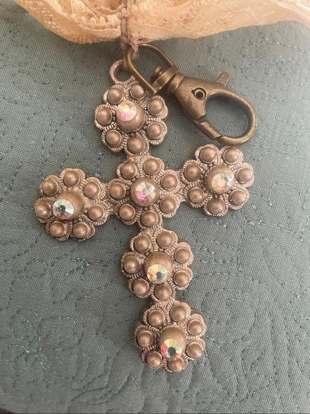 Boho Vintage Cross Pendant Necklace | Lace & Silk Ribbon Choker | Rhinestone